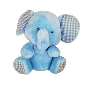 Vintage Blue 80s Elephant Plush Stuffed Animal Toy ANIMAL FAIR Gingham Ears Feet